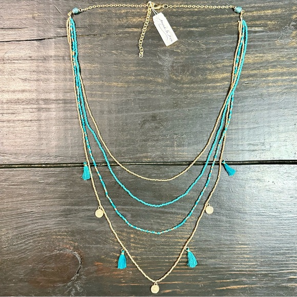 Anna & Ava Gold Tone Multi Layer Turquoise Gold Beaded Necklace w/ Charms NWT - Picture 1 of 7